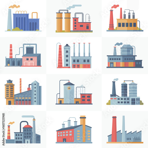 Collection of diverse industrial factory buildings and structures