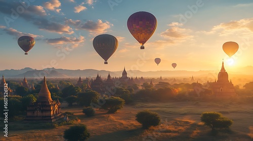 Hot air balloons float over ancient temples at sunrise in bagan myanmar