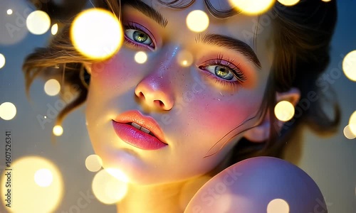 Woman with curled hair surrounded by bright bokeh lights, delicate features, fair skin