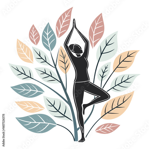 Woman in yoga tree pose surrounded by stylized leaves 1