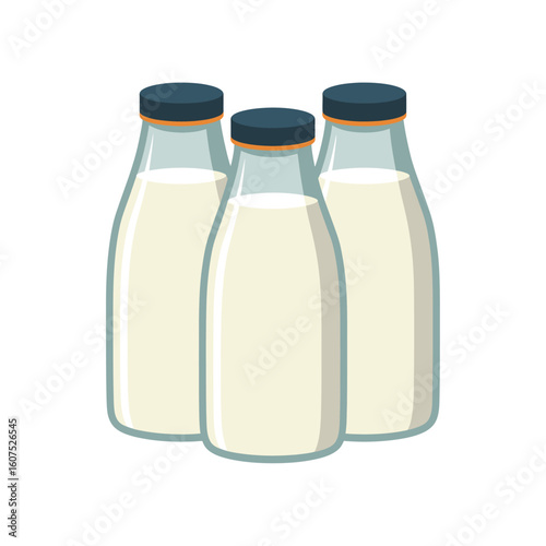 Three glass bottles filled with fresh white milk and dark caps