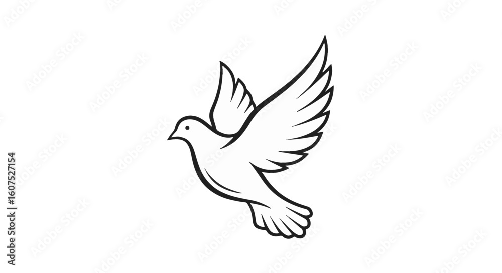 Obraz premium Graceful flying white dove line art illustration, symbolizing peace, hope, freedom, and spiritual purity for religious or commemorative designs.
