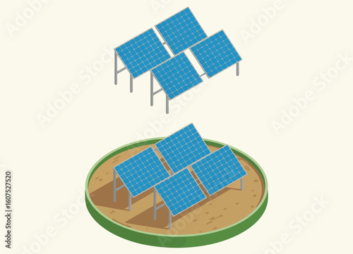 Isometric view of solar panels on ground and elevated mounts