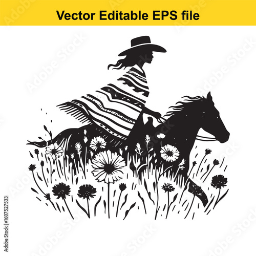 Cowgirl with Feathered Hat and Colorful Poncho in Wildflowers