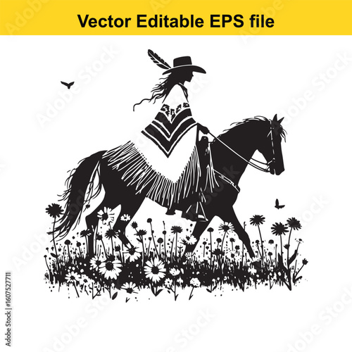 Cowgirl with Feathered Hat and Colorful Poncho in Wildflowers