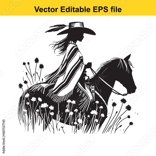 Cowgirl with Feathered Hat and Colorful Poncho in Wildflowers