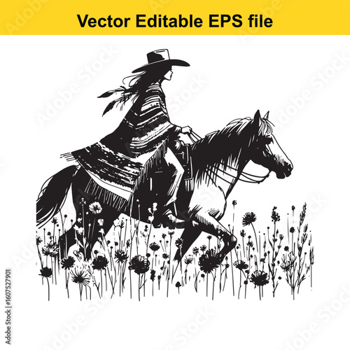 Cowgirl with Feathered Hat and Colorful Poncho in Wildflowers