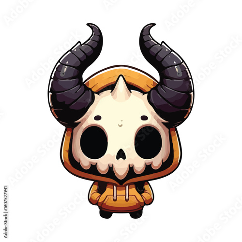 A cute cartoon skull character with large curved horns and an orange hoodie. The design combines dark fantasy with playful charm in a chibi-style illustration.