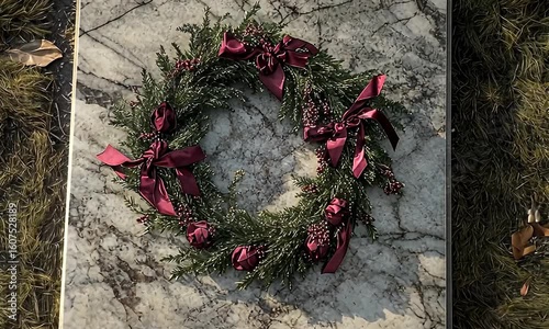 Wreath with red bows on a square marble base surrounded by dry grass and twigs