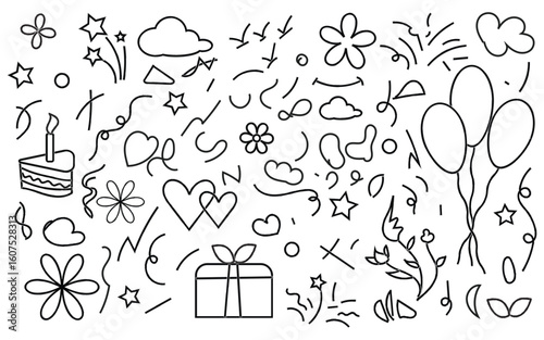 Hand-drawn celebration doodles with hearts, stars, cake, balloons.