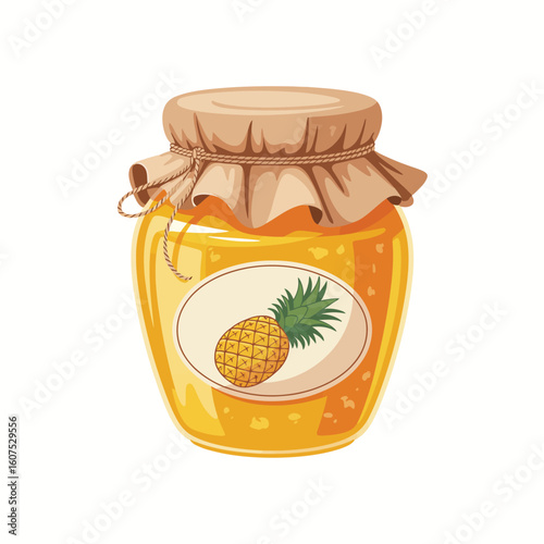 Jar of delicious homemade pineapple jam with a rustic cloth lid