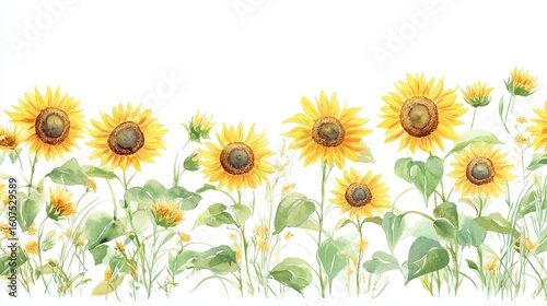 Watercolor Sunflowers Border. Vibrant Yellow Blooms, Serene Summer Mood, Botanical Illustration