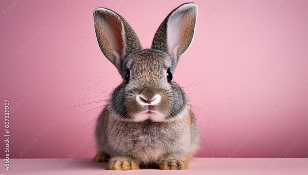 Fototapeta premium cute gray rabbit on a modest pale pink background with a pink sa