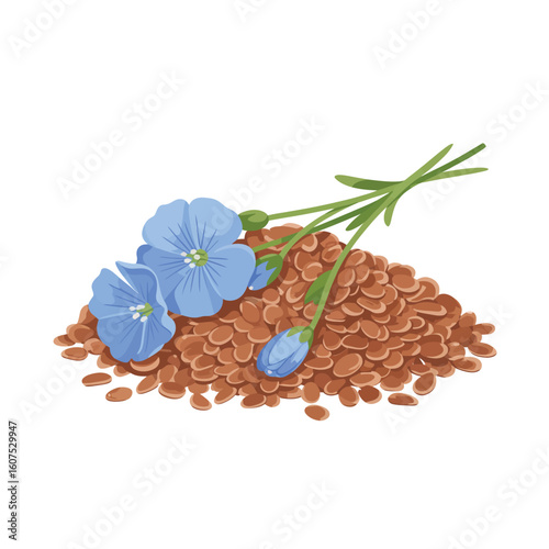 Pile of flax seeds with blue flax flowers and green stems