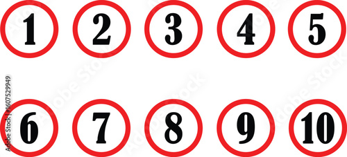 Red outlined circles with black numbers from one to ten on a white background
