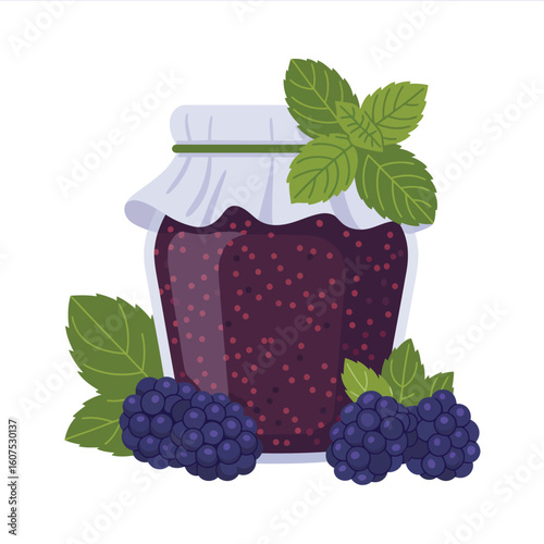 Jar of blackberry jam with fresh blackberries and mint leaves