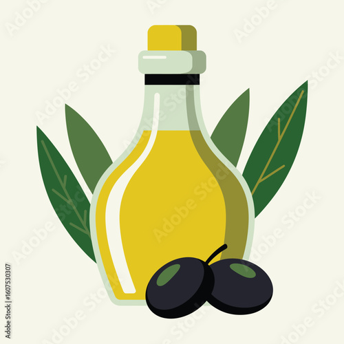 Golden olive oil bottle with fresh olives and leaves