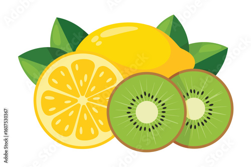 Fresh lemon and kiwi slices with green leaves on white background