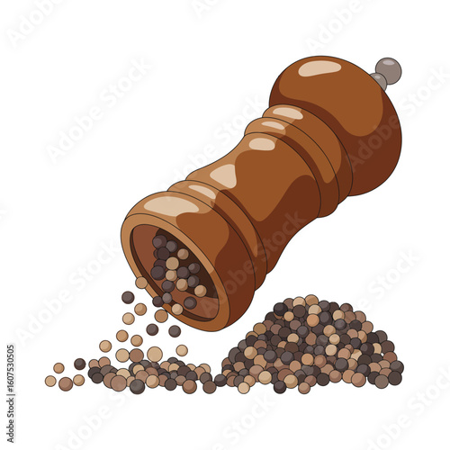 Wooden pepper mill grinding peppercorns with a pile of black pepper