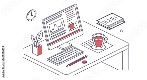 Isometric desk with computer plant and coffee cup keyboard 1