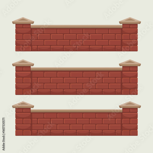 Three brick garden walls with decorative pillars and caps