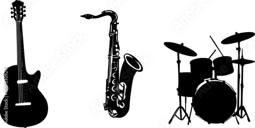 Black and white, abstract musical instruments, jazz silhouettes, expressive brush strokes, dynamic shapes, trumpet, saxophone, guitar, drums, artistic interpretation, minimalist style, high contrast