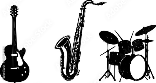 Black and white, abstract musical instruments, jazz silhouettes, expressive brush strokes, dynamic shapes, trumpet, saxophone, guitar, drums, artistic interpretation, minimalist style, high contrast