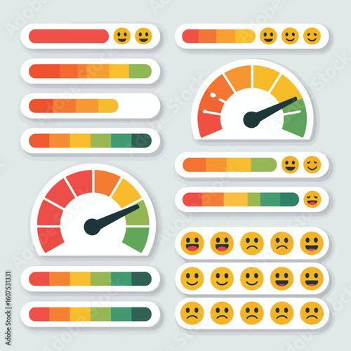 Customer satisfaction meter with colorful gauges and emoticons