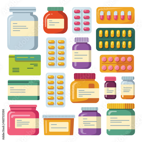 Collection of various pharmaceutical bottles and blister packs of pills