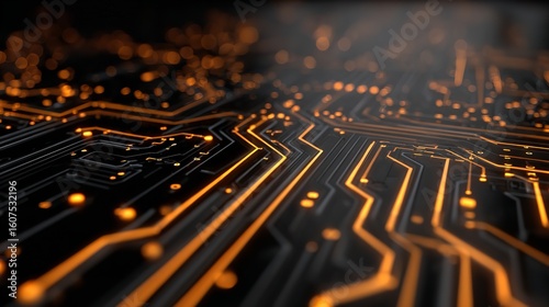 Abstract Circuit Board Pattern with Orange Glow Against Dark Background

