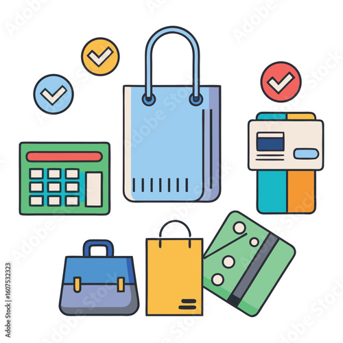 Shopping bags calculator credit cards and checkmarks