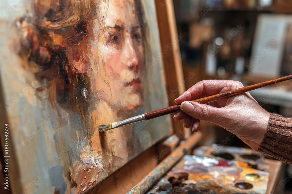 Fototapeta premium An artists hand holding a brush applies paint to a portrait on a canvas easel