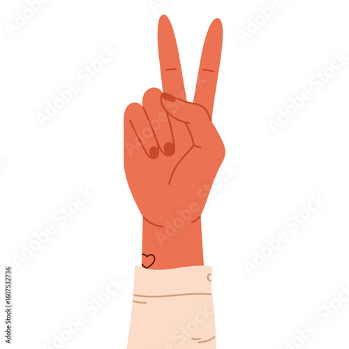 Human hand showing number two with index and middle fingers raised. Finger-counting. Math and education. Sign language or counting concept. Vector illustration in cartoon style. Isolated on white