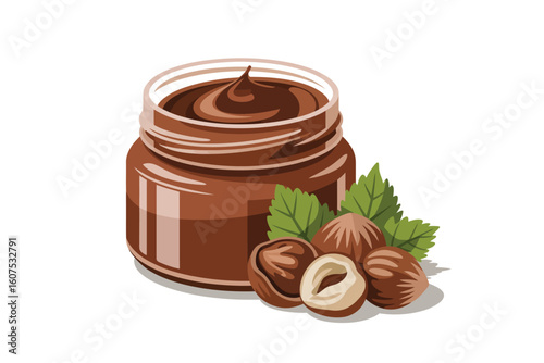 Delicious chocolate hazelnut spread in a glass jar with fresh hazelnuts and leaves