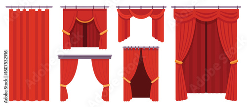 Collection of elegant red velvet stage curtains and drapes for theater or events