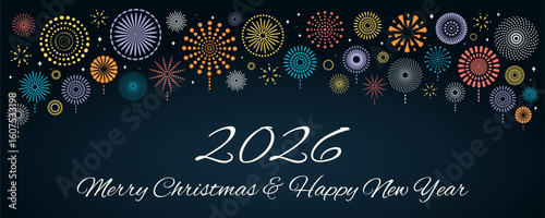 Colorful fireworks 2026 Happy New Year, bright frame on dark background, with text. Flat style vector illustration. Abstract geometric design. Concept for holiday greeting card, poster, banner, flyer