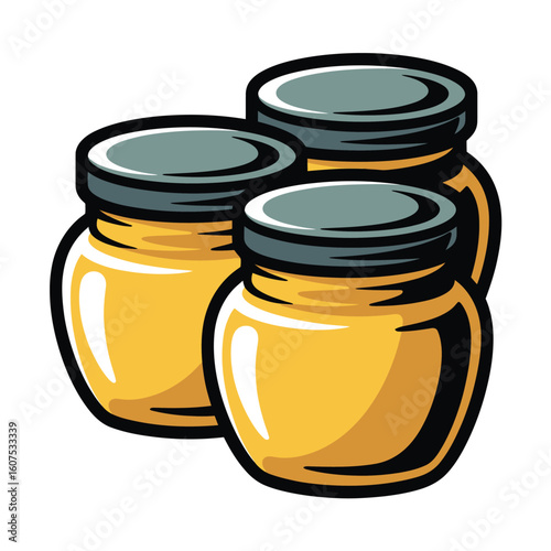 Three jars of golden honey with dark lids
