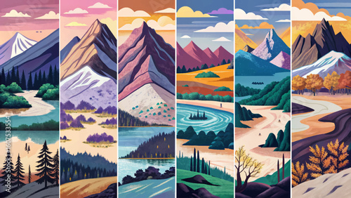 Flat vector landscape set with sunrise forest, sunset hills, foggy mountain terrain, and lakeside view. Ideal for posters, brochures, covers, web design, and prints