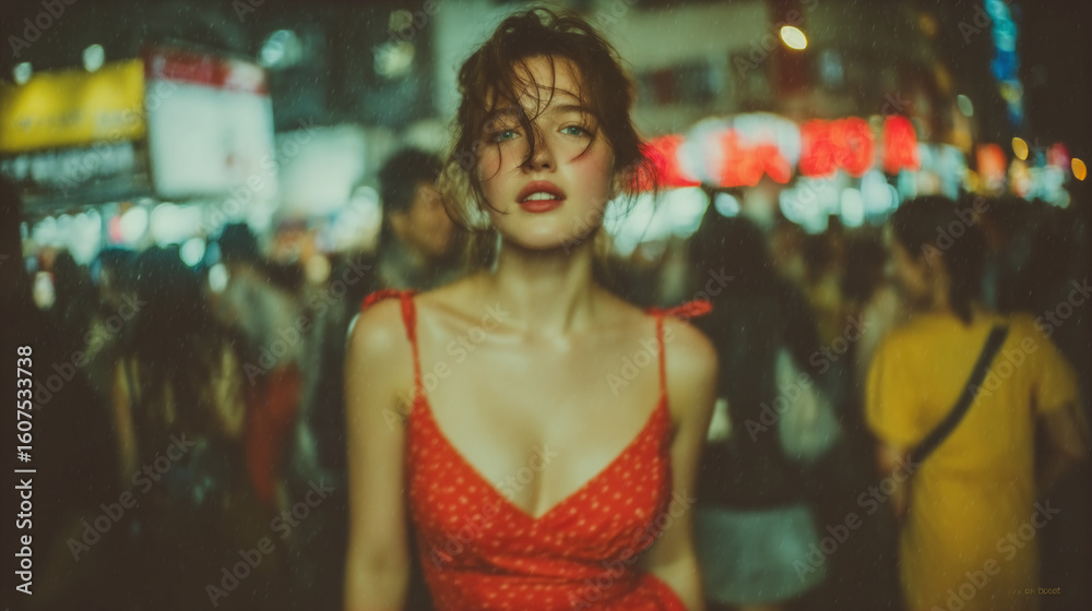 Obraz premium Young woman in red dress stands out in bustling urban street at night filled with vibrant lights and crowds