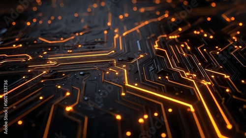 Abstract Circuit Board Pattern with Orange Glow Against Dark Background

