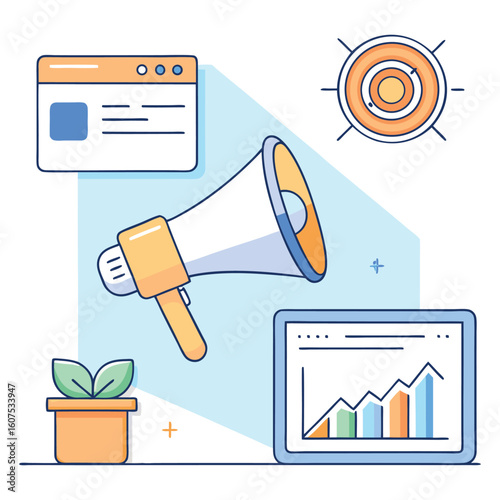 Megaphone target and graph with plant bullhorn announcement