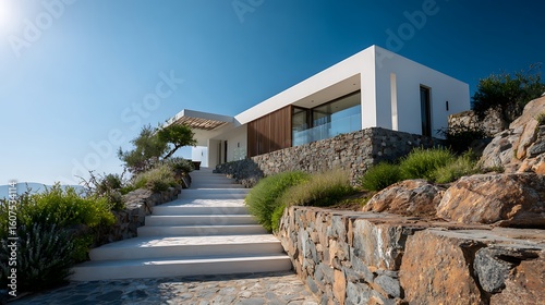 Luxury Villa Exterior on Hillside. Features architecture, stone, stairs, landscaping. Ideal for real estate, marketing, travel.