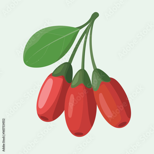 Three bright red goji berries with green leaves on a light green background