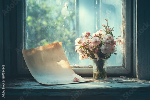 Forgotten bouquet. Afternoon sunlight casting dramatic shadows through an old window. A faded letter on a peeling wooden windowsill