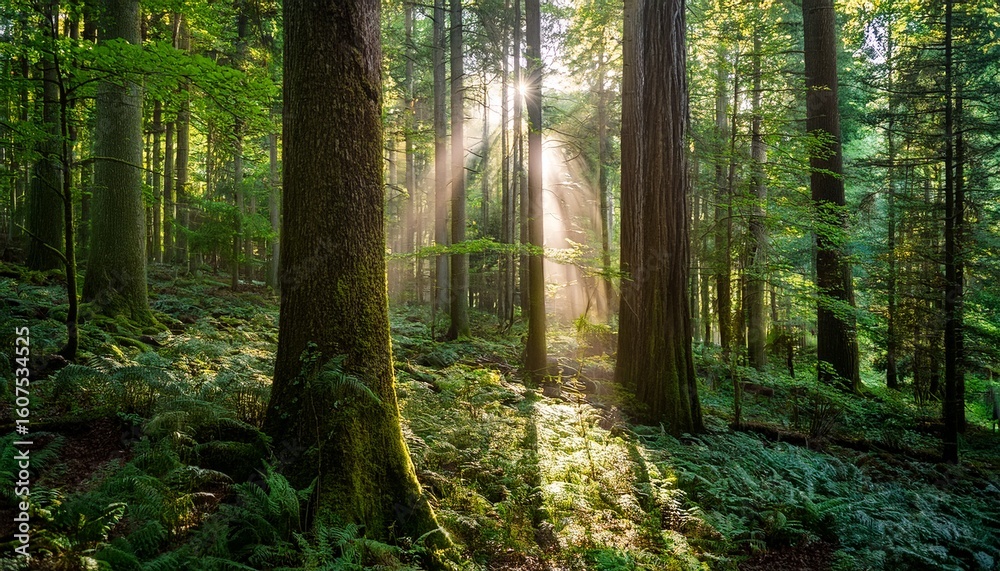 Obraz premium serene sunlight filtering through dense trees in a mysterious forest