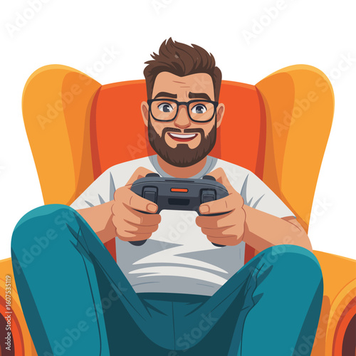 Man with beard and glasses playing video games on a comfortable chair
