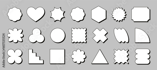 Trendy groovy geometric shapes, blank playful stickers in various shapes. Retro cartoon funky labels, fun outline abstract forms with drop shadow, empty bold comic style badge or patches vector set