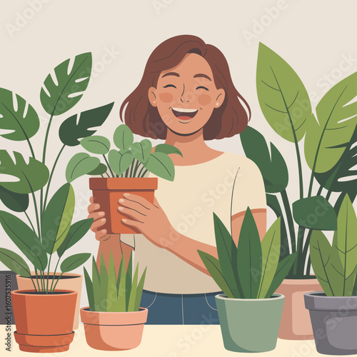 Happy woman holding potted plant surrounded by lush greenery