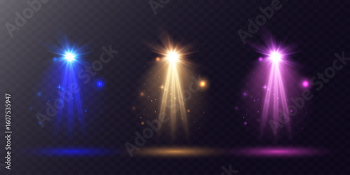 Set of light effects.Vector bright effect of stage spotlight. Sunlight, abstract special effect.On transparent background.