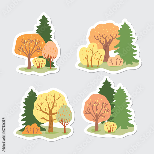 Autumn forest stickers set. Cartoon compositions with coniferous and deciduous trees and bushes. Yellow, orange, brown and green colors. Woodland objects for banners, posters. Vector illustration.